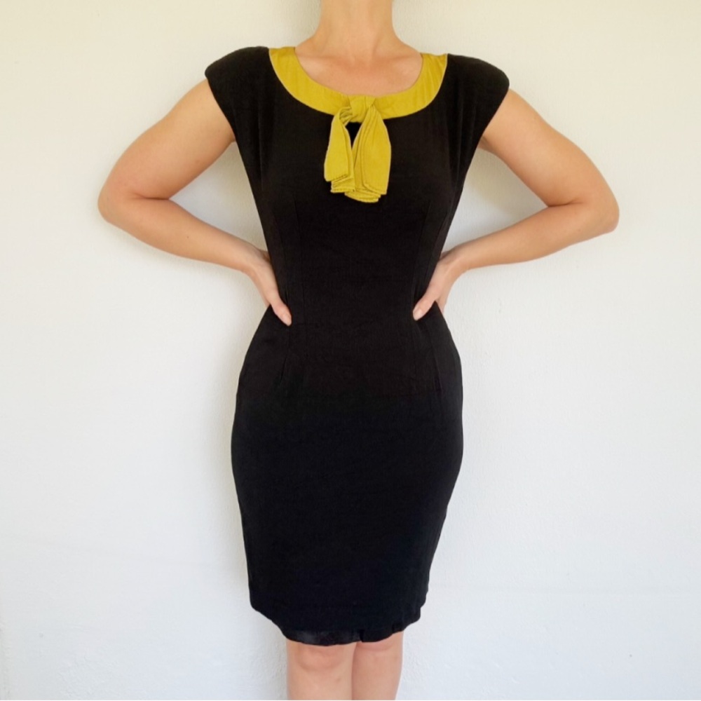 Vintage 90s Nicole Miller Black Sheath Dress Gold Contrast Neckline Bow Size 10